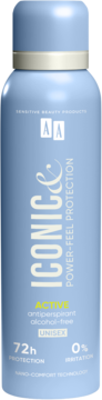 AA Iconic & Power-Feel Protection 72h antyperspirant w jasnoniebieskiej butelce z jasnym złotym pierścieniem, widok z przodu.