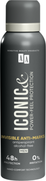 AA Iconic men's antiperspirant spray, dark grey can, 48h invisible anti-marks, alcohol-free, front view.