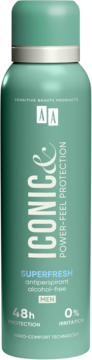 Antyperspirant AA Iconic Power-Feel Superfresh dla mężczyzn, turkusowa butelka w sprayu, 48h ochrony, widok z przodu.