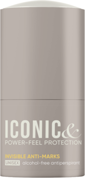 ICONIC& Power-Feel Protection Invisible Anti-Marks Unisex antyperspirant w szarej butelce, widok z przodu.