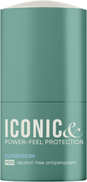 Antyperspirant w kulce Iconic & Power-Feel Protection Superfresh dla mężczyzn, miętowo-zielone opakowanie, widok z przodu.