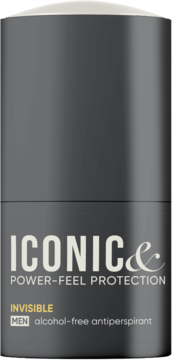 Męski antyperspirant AA Iconic Invisible roll-on, ciemnoszara butelka z białym logo i żółtym napisem, przód.