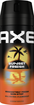 Czarny dezodorant AXE Sunset Fresh, 0% soli aluminium, z tropikalnym zachodem słońca i palmą, widok z przodu.
