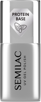 Semilac Extend Protein Base UV Gel Polish, srebrna butelka z napisem i migdałami na zakrętce, widok z przodu.