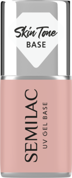 Semilac Skin Tone Cover Base, beżowa baza UV z srebrnym korkiem z napisem 'Skin Tone', widok z przodu.