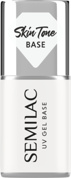 Biała butelka Semilac Skin Tone Cover Base UV Gel Base w odcieniu mleczka kokosowego, widok z przodu.