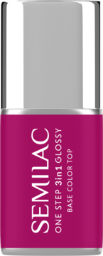 Semilac One Step 3in1 Glossy Bright Purple, lakier/baza/top w butelce fuksja ze srebrną nakrętką, przód.