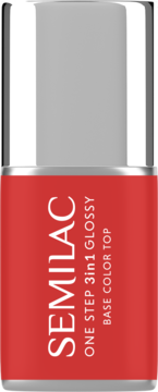 Czerwony lakier hybrydowy Semilac One Step 3in1 Glossy Scarlet, butelka z metaliczną nakrętką, widok przodem.