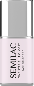 Semilac One Step 3w1 Glossy Base Color Top, lakier Peach Beige, butelka z srebrną nakrętką.