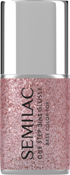 Semilac One Step 3in1 Glossy Glitter Pink lakier hybrydowy, brokatowy, w butelce z srebrną zakrętką, widok z przodu.