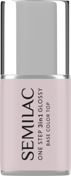 Semilac One Step 3in1 Glossy Barely Pink, lakier hybrydowy w jasnoróżowej butelce z srebrną nakrętką, widok z przodu.