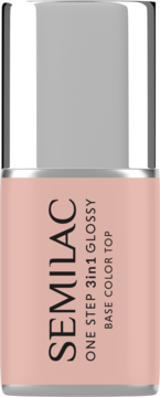 Semilac One Step Glossy Light Peach, lakier hybrydowy 3w1 (baza, kolor, top) w brzoskwiniowo-beżowej butelce. Widok z przodu.