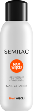Biała butelka Semilac Nail Cleaner z czarną zakrętką, widok z przodu, pomarańczowe logo „Mam Więcej” i 50 ml.
