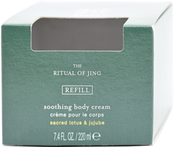 Front ciemnozielonego opakowania uzupełniającego krem Ritual of Jing, 220 ml, z napisem 'REFILL', lotus i jujube.