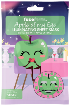 Rozświetlająca maska Face Facts Apple of my Eye, sachet z radosnym jabłkiem, napisem VEGAN, widok z przodu.