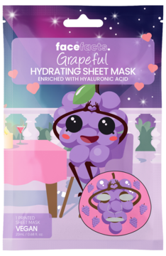 Maska w płachcie Face Facts Grapeful Hydrating Sheet, fioletowe opakowanie z wesołym winogronem, widok z przodu.