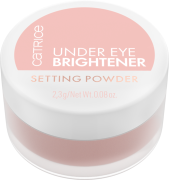 Catrice Under Eye Brightener Setting Powder, biały słoiczek z jasnoróżowym wieczkiem, widok z góry.