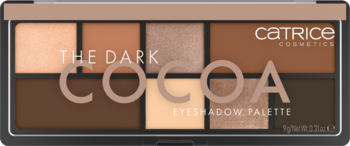 Paleta cieni Catrice The Dark Cocoa z 8 brązowo-nude cieniami matowymi i błyszczącymi, widok z góry.