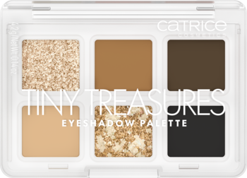Catrice Tiny Treasures, otwarta paleta cieni 6 kolorów: złoto, brązy, beż, czerń, matowe i brokatowe wykończenie.