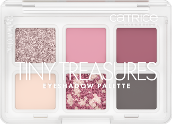Paleta cieni Catrice Tiny Treasures: 6 różowych i szarych cieni (mat, brokat, shimmer) w białej kasetce.