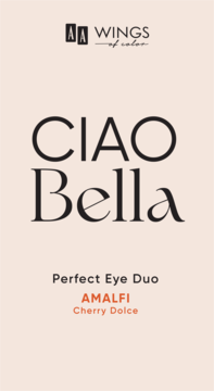 Grafika promocyjna AA Wings of Color Ciao Bella Perfect Eye Duo na beżowym tle, z napisem 'AMALFI Cherry Dolce'.