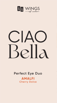 Grafika mini palety cieni Perfect Eye Duo Ciao Bella AA Wings of Color. Beżowe tło, napisy Ciao Bella, Amalfi, Cherry Dolce.