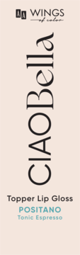 AA WINGS of color Ciao Bella Topper Lip Gloss, shade POSITANO Tonic Espresso, vertical text on pale background.