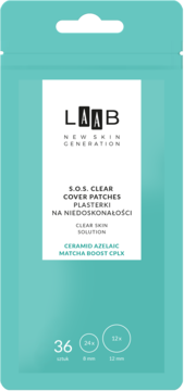 AA LAAB S.O.S. Clear Cover Patches z ceramidami i matchą, 36 sztuk (8mm, 12mm) w zielonej saszetce, widok z przodu.