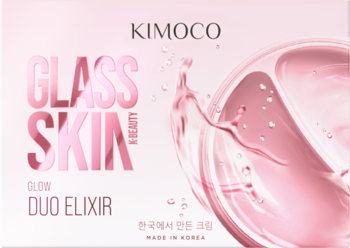 Różowe opakowanie Kimoco Glass Skin Duo Elixir, z błyszczącą sferą płynu. Krem-serum z niacynamidem, 'glass skin'.