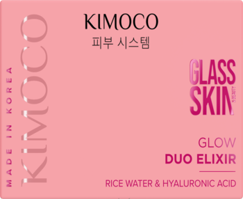 Różowy rozświetlający krem-serum Kimoco Glass Skin Duo Elixir z ryżem i kwasem hialuronowym. Widok przód.