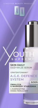 AA Youth Supreme Odżywcze Serum na dzień w fioletowej butelce z kroplomierzem, biała etykieta, widok z przodu.