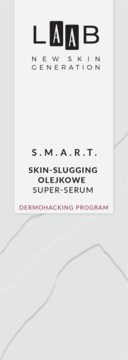 Etykieta serum olejkowego do twarzy AA LAAB S.M.A.R.T. Skin-Slugging, z czerwonym napisem.