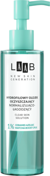 AA LAAB hydrofilowy olejek oczyszczający w transparentnej butelce z miętową pompką, widok z przodu.
