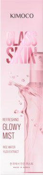 Kimoco Glass Skin Refreshing Glowy Mist z ryżem i yuzu, różowe opakowanie z grafiką rozpylonej mgiełki.