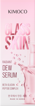 Kimoco Glass Skin Radiant Dew Serum, różowe opakowanie z połyskującym napisem i kroplami, z beta-glukanem i peptydami, Made in Korea.