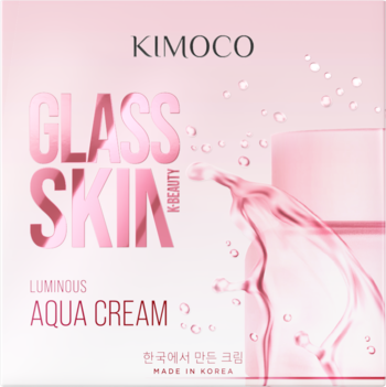 Różowo-białe opakowanie Kimoco Glass Skin Luminous Aqua Cream, nawilżający krem K-Beauty, z przodu, wodny rozbryzg.
