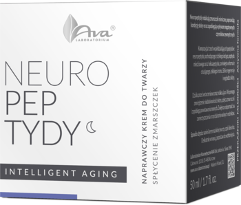 Białe pudełko kremu naprawczego na noc Ava Neuro Peptydy Intelligent Aging, z fioletowymi napisami, widok z przodu.