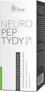 Ava Neuro Peptydy serum liftingujące pod oczy, białe opakowanie roll-on z zielonym akcentem, widok z przodu pod kątem.
