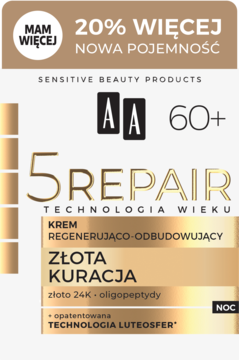 AA 5 Repair krem nocny 60+ ze złotem 24K i oligopeptydami. Biało-złote opakowanie, 20% więcej pojemności.