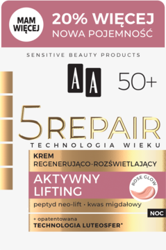 Front opakowania AA 5 Repair 50+ Krem na noc, Aktywny Lifting. Jasne tło, różowy pasek '20% WIĘCEJ', z peptydem.