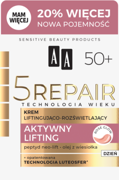 Biało-różowe opakowanie kremu AA 5Repair 50+ liftingująco-rozświetlającego, 20% więcej. Widok z przodu.