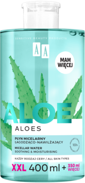AA Aloe micelarny płyn łagodząco-nawilżający, turkusowa butelka z aloesem, XXL 400ml + 350ml.