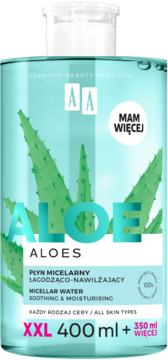 AA Aloe micelarny płyn łagodząco-nawilżający, turkusowa butelka z aloesem, XXL 400ml + 350ml.