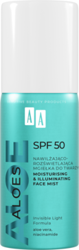 AA Aloes Mgiełka do Twarzy SPF 50 z aloesem i niacynamidem, turkusowa butelka z białym korkiem, widok z przodu.