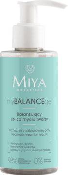 MIYA myBALANCEgel, balansujący żel do mycia twarzy w przezroczystej butelce z pompką, miętowa etykieta.