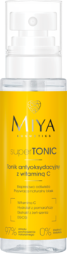 Miya superTONIC, tonik antyoksydacyjny z witaminą C, żółta butelka z atomizerem, widok z przodu.