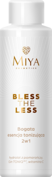 Miya Bless The Less, biała butelka esencji tonizującej 2w1 z hydrolatem z pomarańczy i witaminą C, widok z przodu.