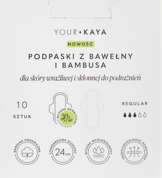 Your Kaya podpaski z bawełny i bambusa, 10 sztuk, dla skóry wrażliwej, na białym opakowaniu, widok z przodu.