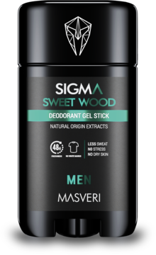 Czarny dezodorant w sztyfcie Masveri Men Sweet Wood, 48h, z naturalnymi ekstraktami, widok z przodu.