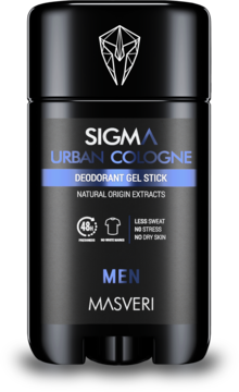 Czarny dezodorant żelowy Masveri Men Urban Cologne, 48h, z naturalnymi ekstraktami, widok z przodu.